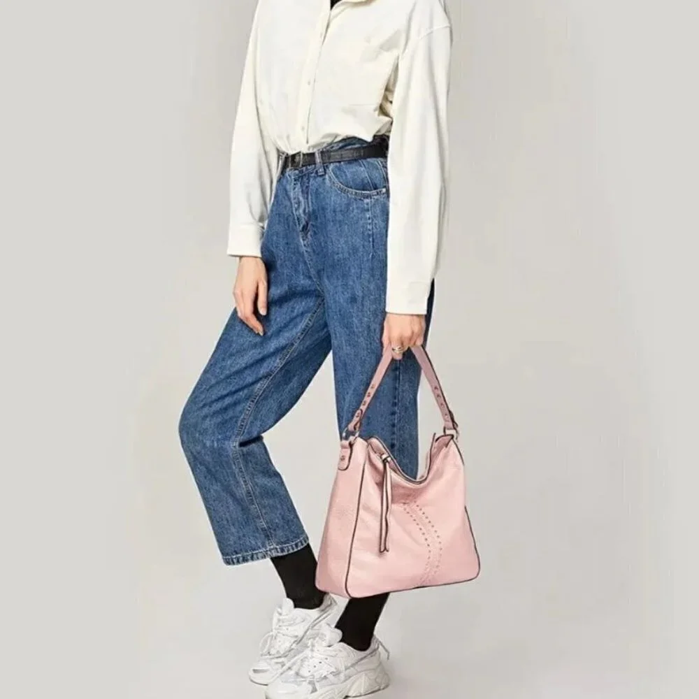 Montana West Beige Pebbled Faux Leather Studded Hobo Bag